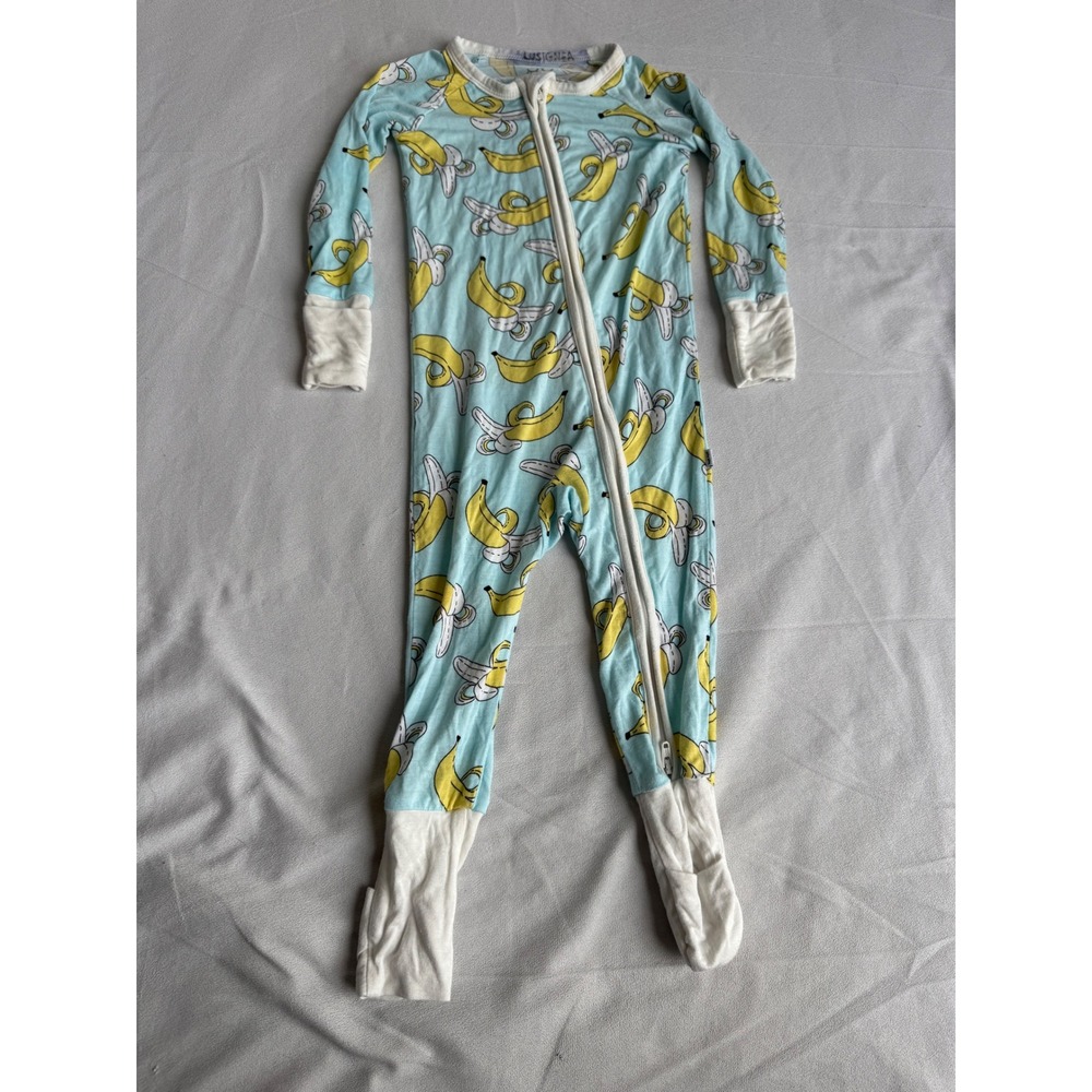 Little Sleepies Banana Zippy Bamboo Viscose Blue Yellow Fruit Print 6-12M